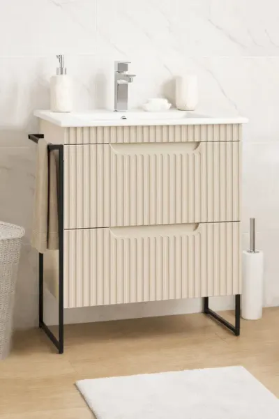 Set Baza front MDF si Lavoar seria 033, cadru metalic, cu sertare, montata, 60 cm, crem