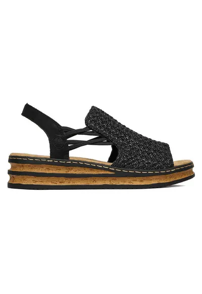 Sandale dama cu platforma - elastice - negru - material sintetic si textil