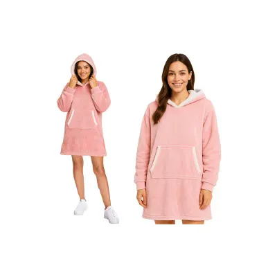 Hanorac tip patura XXL, cu gluga si buzunar, oversize, material moale, roz