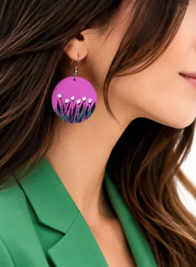 Cercei mov liliac handmade din piele naturala ,cu lalele pictate ,unicat
