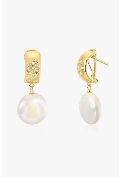 Cercei placati cu aur de 14K - decorati cu perle si zirconia - Alb/Auriu