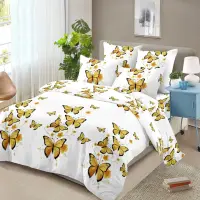 Lenjerie pat dublu, 4 piese, microfibra, Pucioasa, crem, flori si fluturi
