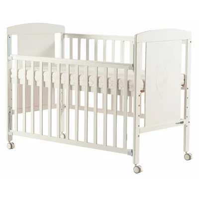 Patut din lemn bebe, 120x60 cm, Cu laterala culisanta, Din pin si mdf, Cu roti, Sina dentitie, Stabil si rezistent, White, FreeON, Mia