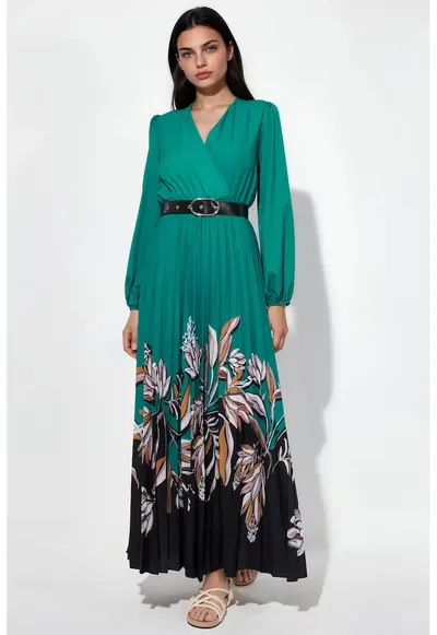 Rochie midi - floral - multicolor - poliester si lycra - cu cordon