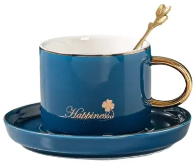 Cană pentru cappuccino și ceai Morello - Happiness Blue, cu farfurioară și linguriță, 200 ml