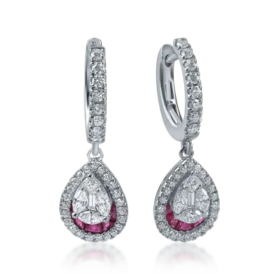 Cercei din aur alb cu rubine de 0.6ct si diamante de 0.28ct