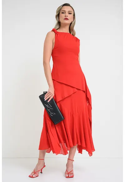 Rochie cu decolteu barcuta - Rosu vermillion