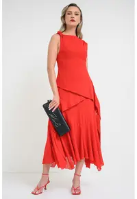 Rochie cu decolteu barcuta - Rosu vermillion