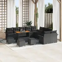 Set canapea gradina Gossi 13 piese perne neagra din poliratan acacia, canapea gradina Gossi 2 persoane cu perne neagra din poliratan, set dining gradina Gossi 3 piese perne neagra din poliratan acacia