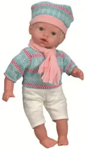 Păpuşă bebeluş RS Toys - Băiat, cu păr blond și pălărie albastră, 42 cm