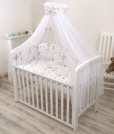 Baldachin din tul Amy cu funda din bumbac imprimeu lenjerie Circ blue 300x160 cm Suport de prindere inclus 153h cm