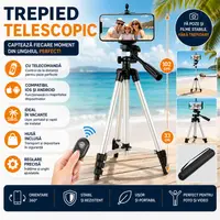 Trepied pentru Smartphone telescopic, Cu Telecomanda, Compatibil Android si IOS nivela si husa inclusa