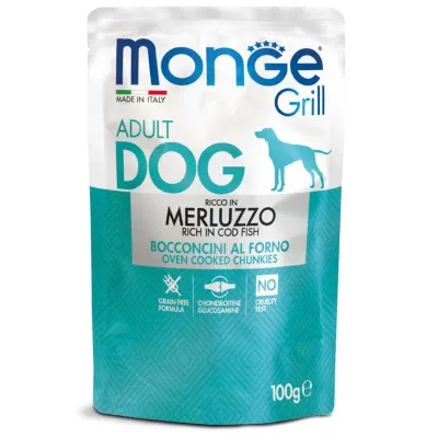 MONGE Grill, XS-XL, Cod, plic hrană umedă câini, (în suc propriu), 100g