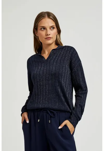 Pulover bleumarin cu guler si fir metalic - Bleumarin