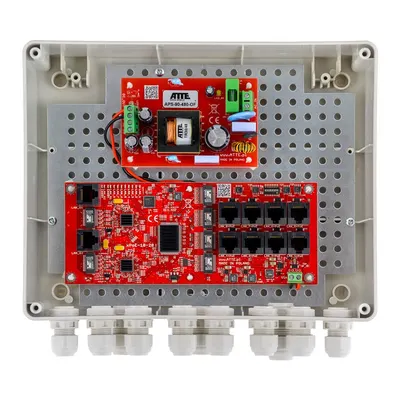 Kit switch PoE pentru 8 camere IP ATTE Power IP-8-20-L2, 10 porturi, 96 W, cutie exterior ABOX-L2, sigurante electronice, sursa alimentare