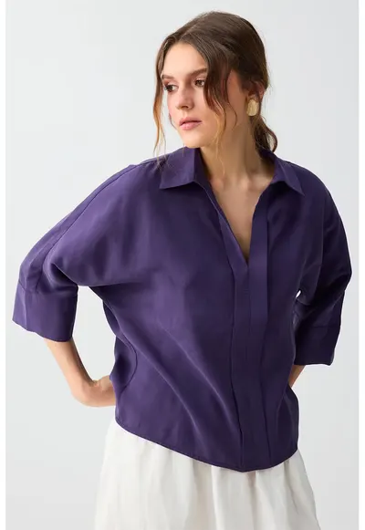 Bluza din amestec de modal cu maneci trei sferturi - Violet