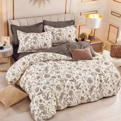 Lenjerie pat dublu, FINET, 6 piese, Jojo Home, Bej, Maro, flori