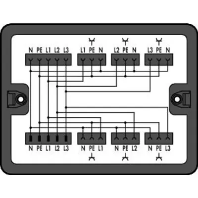 Distribution box; Three-phase to single-phase current (400 V/230 V); 1 input; 7 outputs; Cod. A; MIDI; black