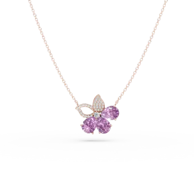 Lant cu pandantiv floare din aur roz cu ametiste pear de 3.4ct si diamante de 0.2ct