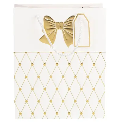 Pungi cadou cu mâner model fundă și romburi aurii 18x23x10cm - alb (set 12 buc)
