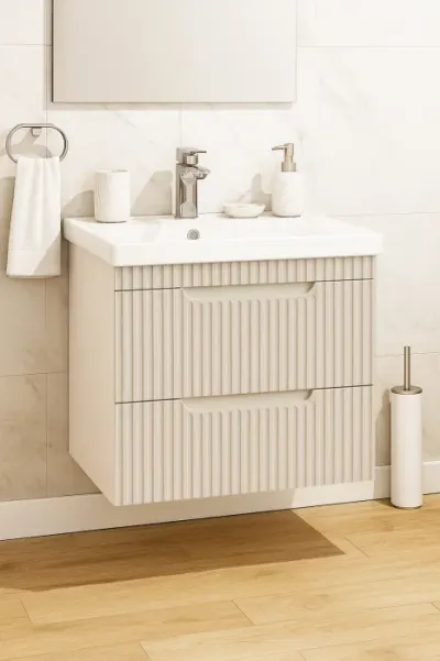 Set Baza front MDF si Lavoar seria 733, suspendata, cu sertare, montat, 60 cm, crem