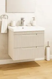 Set Baza front MDF si Lavoar seria 733, suspendata, cu sertare, montat, 60 cm, crem