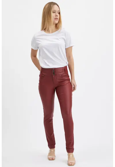 Pantaloni slim fit cu nasturi - Maro cognac