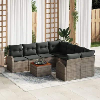 Set canapea de gradina Gossi din 9 piese cu perne gri ratan polimeric acacia, canapea de gradina Gossi pentru 2 persoane cu spatiu de depozitare si perne gri ratan polimeric