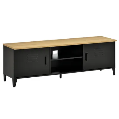 HOMCOM Mobilier TV Banc TV pentru televizoare de 55'' cu 2 Dulapuri Picioare Reglabile Cadru metalic negru Tablou din lemn natural 150 x 40 x 50 cm | Aosom Romania