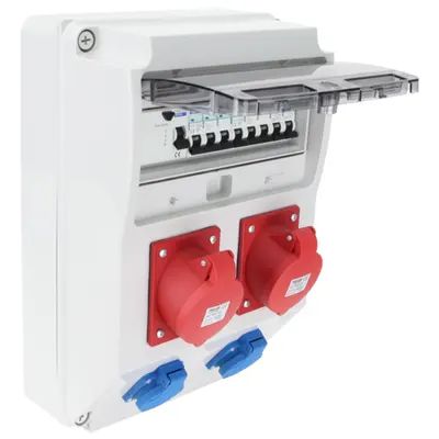 Cutie de distributie industriala cu protectie RCCB si MCB complet echipata 2 x Schuko si 2 x 32A 5P Tracon