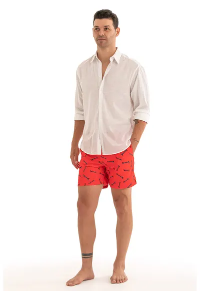 Pantaloni scurti de baie cu model si snur - Negru/Rosu vermillion