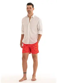 Pantaloni scurti de baie cu model si snur - Negru/Rosu vermillion