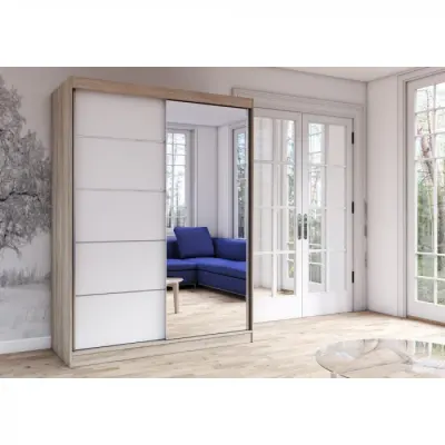 Dulap VISTA 05, usi glisante, oglinda, 6 rafturi, bara de haine, corp sonoma, front alb, 150x61x200 cm