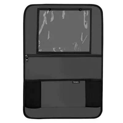 Organizator auto, Lionelo, Cu 5 buzunare de diferite dimensiuni, Cu buzunar pentru tableta, Montare cu clema, Piele ecologica, Impermeabila, Gri