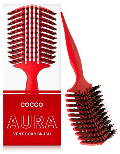 Perie profesională de păr Cocco - Aura Vent Boar Brush, cu păr natural, roșie