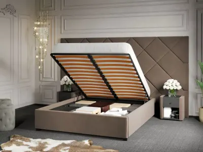 Pat Tapitat cu Panou 305x171 C4 Dubai pentru saltea de 190 rabatabil cu lada Cappuccino - Velluto 29 180x190