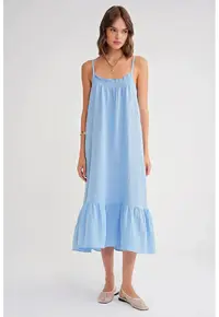 Rochie midi din muselina cu volan - Albastru deschis