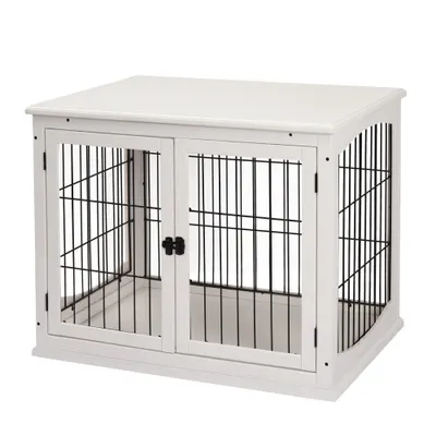 PawHut Casuta pentru Caini de Interior, Canisa pentru Animale din Lemn si Metal cu Usa Dubla, 58,5 x 81 x 66 cm, Alba | Aosom Romania