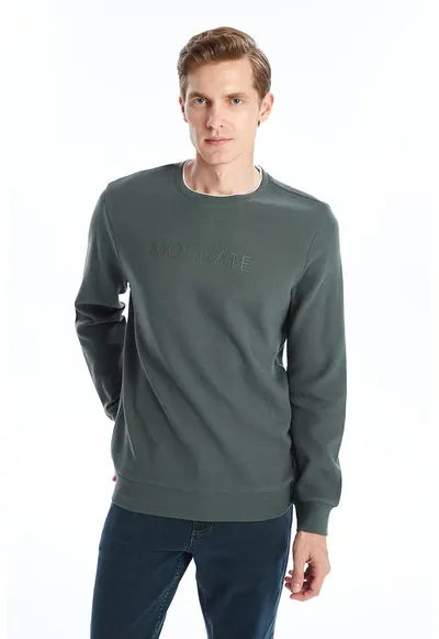 Bluza de trening cu decolteu la baza gatului si aspect texturat - Verde inchis