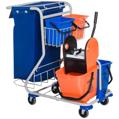HOMCOM Carucior de Curatare Profesional cu 4 Galeti 18L / 6L Albastru si Portocaliu | Aosom Romania