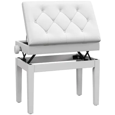 Scaun de Pian HOMCOM Reglabil cu Compartiment de Depozitare și Scaun Imbunătățit, 54.5x33x48-58 cm, Alb | Aosom Romania