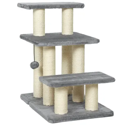 PawHut Scară pentru Câini și Pisici cu 3 Trepte din Pluș și Stâlpi Zgâriători din Sisal, Capacitate 10 kg, Gri | Aosom Romania