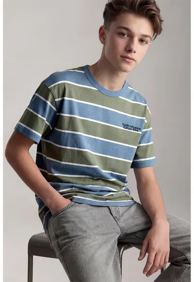 Tricou lejer din bumbac cu dungi - Verde stins/Albastru titan