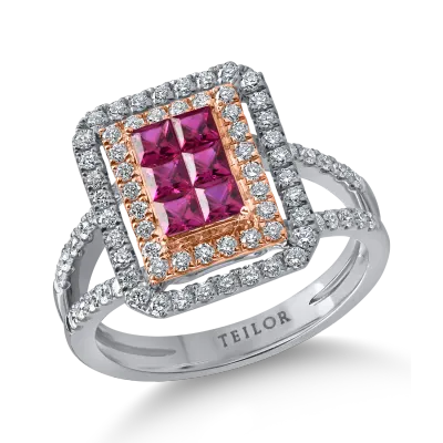 Inel geometric din aur alb-roz cu rubine princess de 0.63ct si diamante de 0.6ct