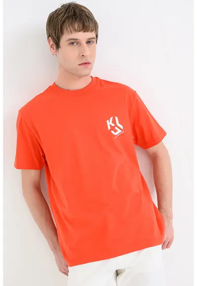 Tricou din amestec de bumbac organic cu model monograma - Portocaliu mandarina