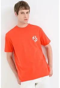 Tricou din amestec de bumbac organic cu model monograma - Portocaliu mandarina
