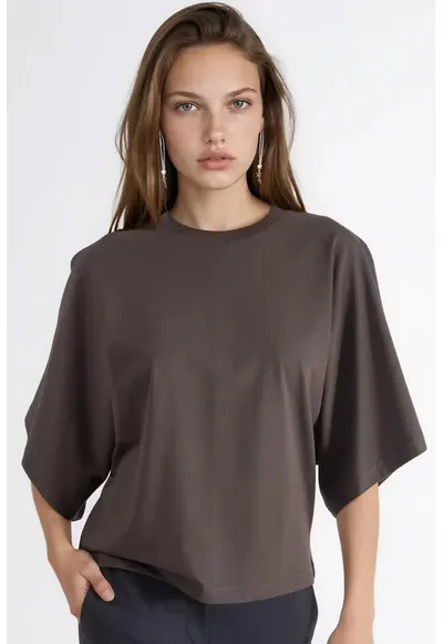 Tricou dama bumbac - maro - guler rotund