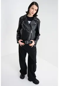 Jacheta biker de piele ecologica - Negru