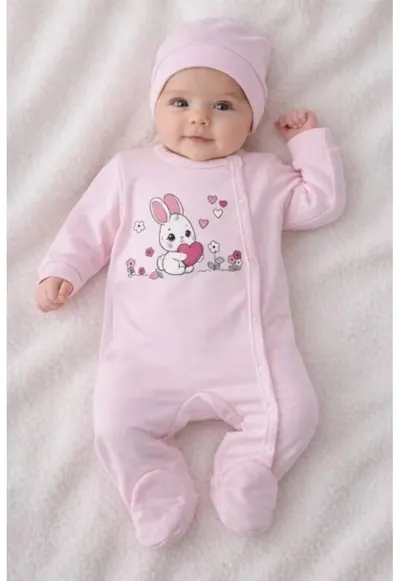 Salopeta bebe fete roz deschis iepuras inimioara bumbac cu caciula - Roz
