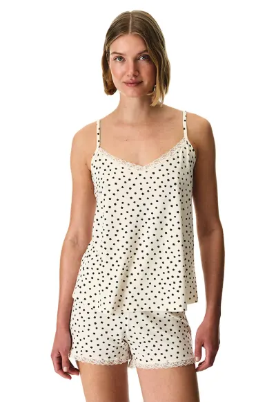 Pijama cu pantaloni scurti si model stea - Alb fildes/Negru